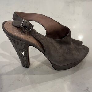 Vince Camuto Dark Brown Suede Peep-Toe Heels